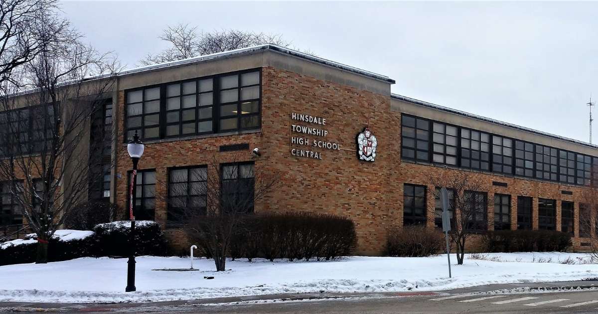 The front of Hinsdale Central High School during the winter