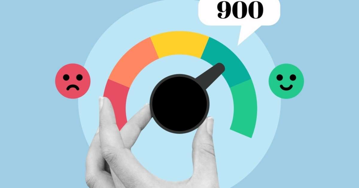 A hand holds a meter displaying a smiley face, representing various emotions and indicating a good credit score.